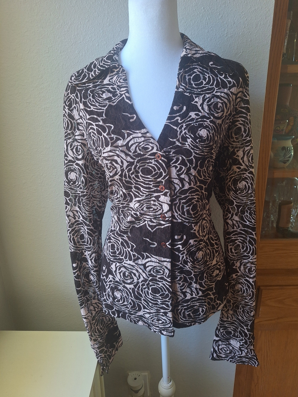 INC International Concepts Brown and Cream Floral Button-Front Blouse